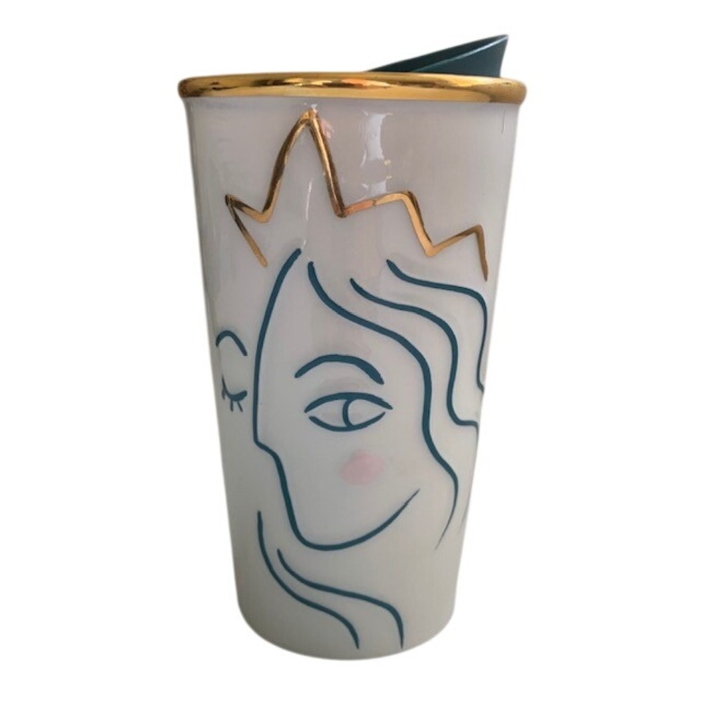 Starbucks Siren Face Ceramic Travel Mug 10oz Gold Trim Line Abstract Art Tumbler